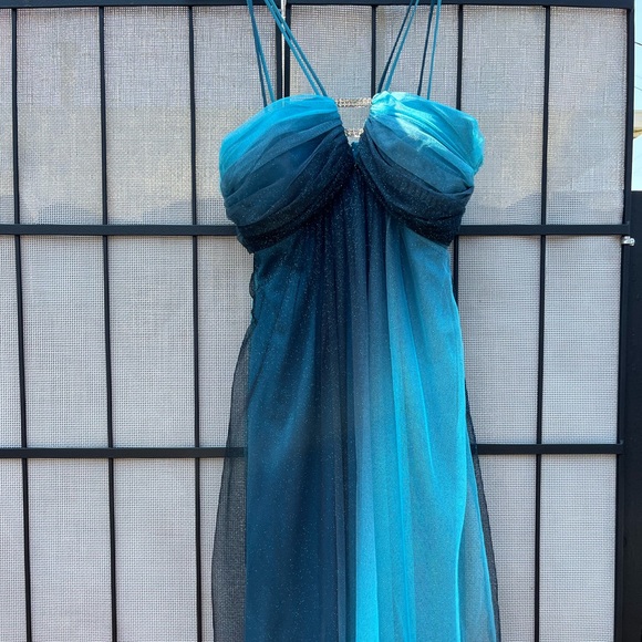 Blue and Turquoise Sparkly above the knee Cocktail Dress with Diamond Front - Picture 5 of 5